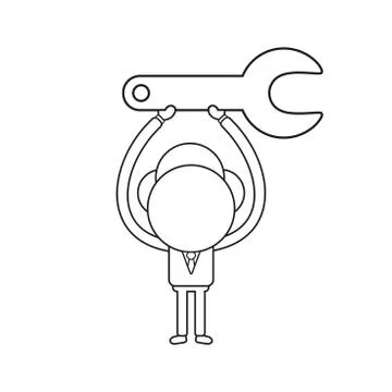 Vector businessman character holding up spanner. Black outline. Stock Illustration