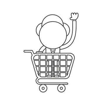 Vector businessman character inside shopping cart. Black outline. Stock Illustration
