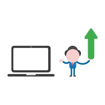 Vector businessman character with laptop computer and holding arrow moving up Illustrazione stock