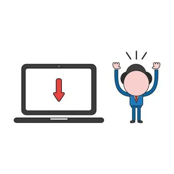 Vector businessman character with laptop computer and arrow moving down. Colo イラスト素材