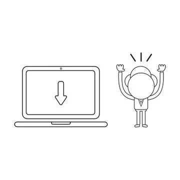 Vector businessman character with laptop computer and arrow moving down. Blac Stock Illustration