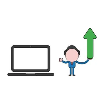Vector businessman character with laptop computer and holding arrow moving up イラスト素材