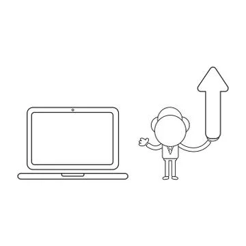 Vector businessman character with laptop computer and holding arrow moving up Illustrazione stock