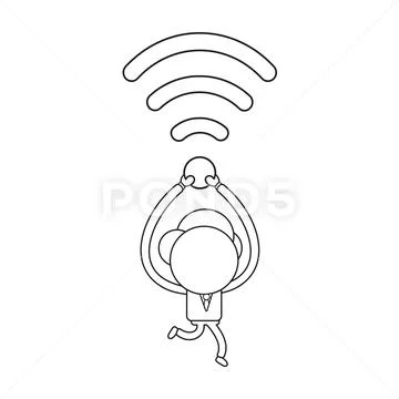 Vector businessman character running and carrying wireless wifi symbol. Black Stock Illustration