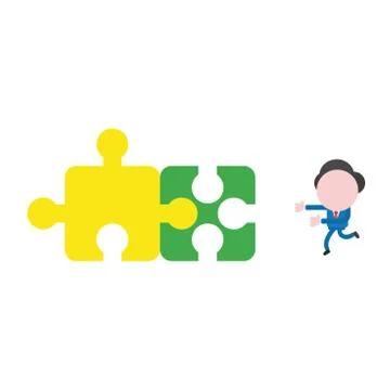 Vector businessman character running to connected two jigsaw puzzle pieces Stock Illustration