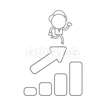 Vector businessman character running on sales chart moving up. Black outline. Stock Illustration