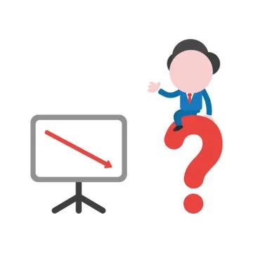 Vector businessman character with sales chart moving down and sitting on ques Illustrazione stock