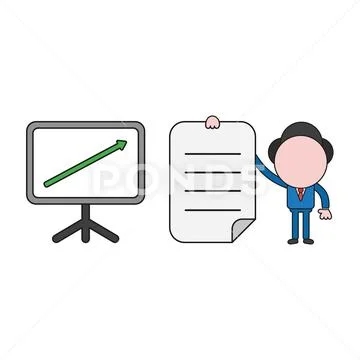 Vector businessman character with sales chart arrow moving up and holding wri Stock Illustration