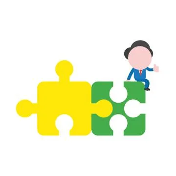 Vector businessman character sitting on connected two puzzle pieces Stock Illustration
