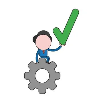 Vector businessman character sitting on gear and holding check mark. Color an 스톡 일러스트