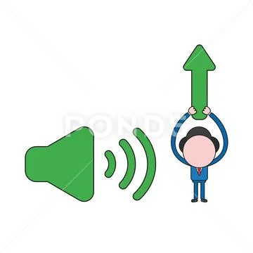 Vector businessman character with sound on icon and holding up arrow moving u Stock Illustration