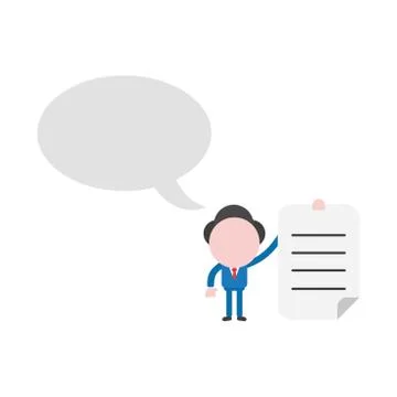 Vector businessman character with speech bubble and holding written paper Stock Illustration