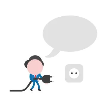 Vector businessman character with speech bubble, walking and holding plug to  Stock Illustration