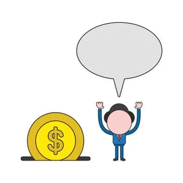 Vector businessman character with speech bubble and dollar money coin into mo Illustrazione stock