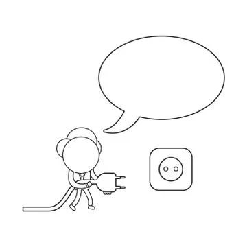 Vector businessman character with speech bubble, walking and holding plug to  Stock Illustration