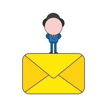 Vector businessman character standing on closed mail envelope. Color and blac Stock Illustration