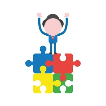 Vector businessman character standing on connected four jigsaw puzzle pieces Illustrazione stock
