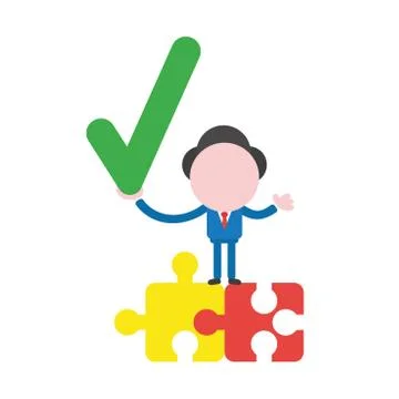 Vector businessman character standing on connected jigsaw puzzle pieces and h Stock Illustration