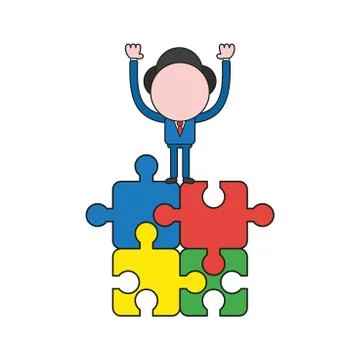 Vector businessman character standing on connected four jigsaw puzzle pieces. Stock Illustration