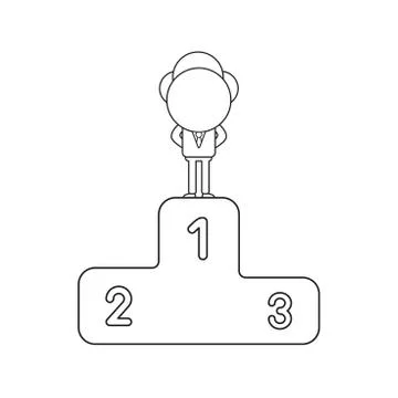 Vector businessman character standing on first place of winners podium. Black Stock Illustration