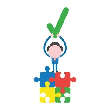 Vector businessman character standing on four connected jigsaw puzzle pieces  Stock Illustration