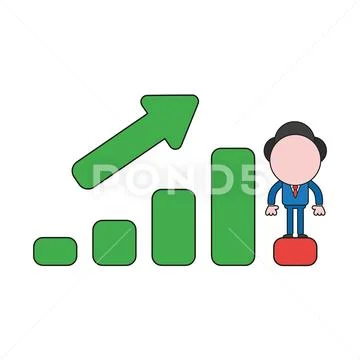 Vector businessman character standing on sales bar graph moving up and down. Stock Illustration
