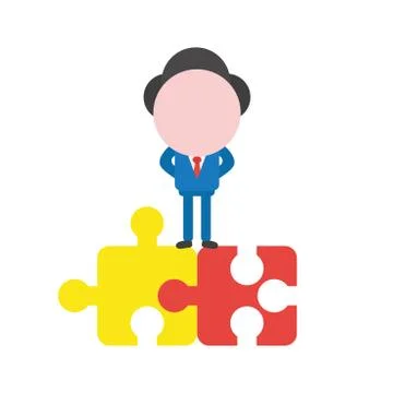 Vector businessman character standing on two connected jigsaw puzzle pieces Stock Illustration