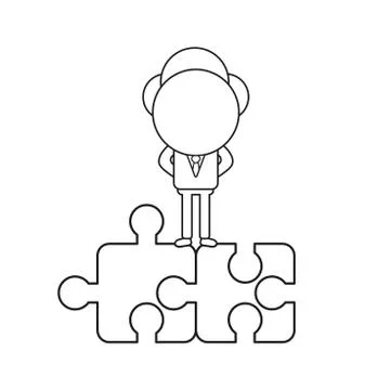 Vector businessman character standing on two connected jigsaw puzzle pieces.  Stock Illustration