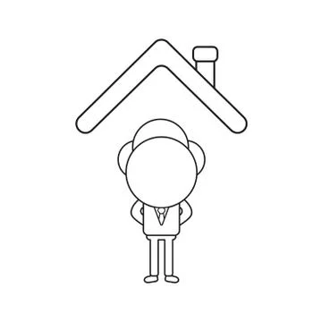 Vector businessman character standing under house roof. Black outline. Illustrazione stock