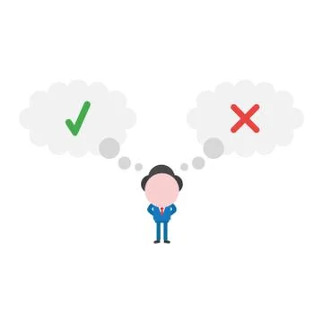 Vector businessman character with thought bubbles with check and x marks 스톡 일러스트
