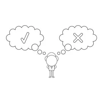 Vector businessman character with thought bubbles with check and x marks. Bla Stock Illustration