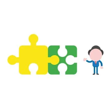 Vector businessman character with two connected jigsaw puzzle pieces Stock Illustration