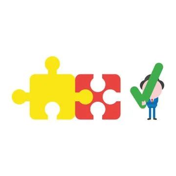 Vector businessman character with two connected jigsaw puzzle pieces and hold Stock Illustration