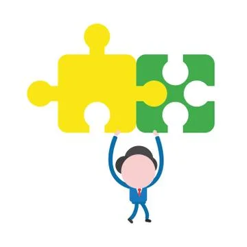 Vector businessman character walking and holding up connected two jigsaw puzz Stock Illustration