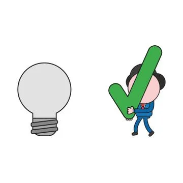 Vector businessman character walking and carrying check mark to light bulb. C Stock Illustration