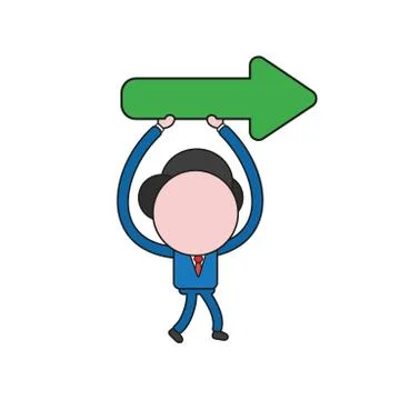 Vector businessman character walking and holding arrow showing right. Color a Ilustración de archivo
