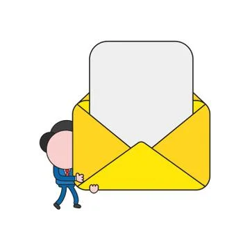Vector businessman character walking and carrying envelope with blank paper.  Illustrazione stock