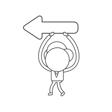 Vector businessman character walking and holding arrow showing left. Black ou Ilustración de archivo