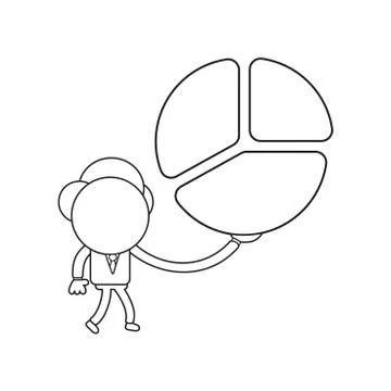 Vector businessman character walking and holding three pieces diagram pie. Bl Ilustración de archivo