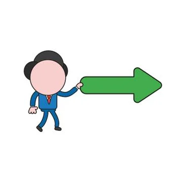 Vector businessman character walking and holding arrow pointing right. Color  Stock Illustration