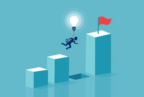 Vector of a businessman flying over chart gap with lightbulb. イラスト素材