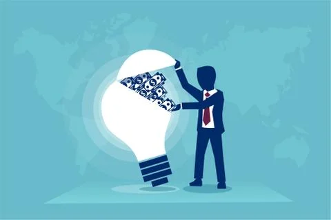 Vector of a businessman opening a lightbulb full of money Stock Illustration