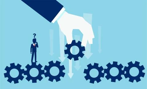 Vector of a businessman with question mark standing over machine gear wheel m Stock Illustration