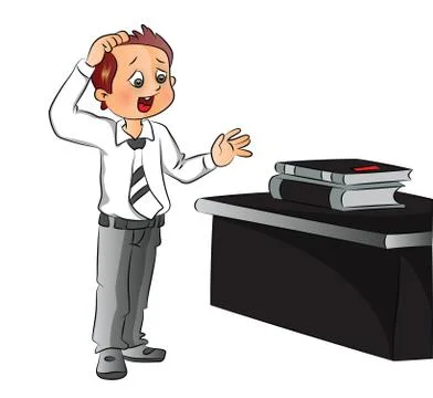 Vector of businessman scratching head while looking at files on office desk. 스톡 일러스트