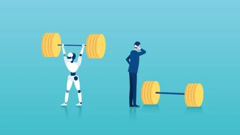 Vector of a businessman standing next to weights unable to perform a task vs  Illustrazione stock