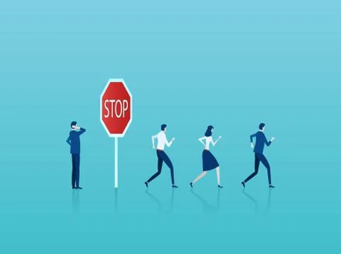 Vector of a businessman thinking of risks at stop sign while crowd of busines Stock Illustration