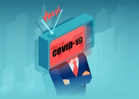 Vector of a businessman with TV set instead of a head watching non stop Coron Stock Illustration