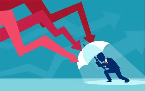Vector of a businessman with umbrella resisting falling red arrows Stock Illustration