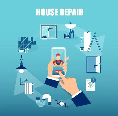 Vector of a businessman using mobile app to request professional home repair  Stock Illustration