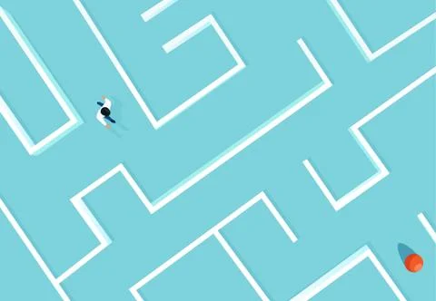 Vector of a businessman walking in a complex maze towards his target Stock Illustration